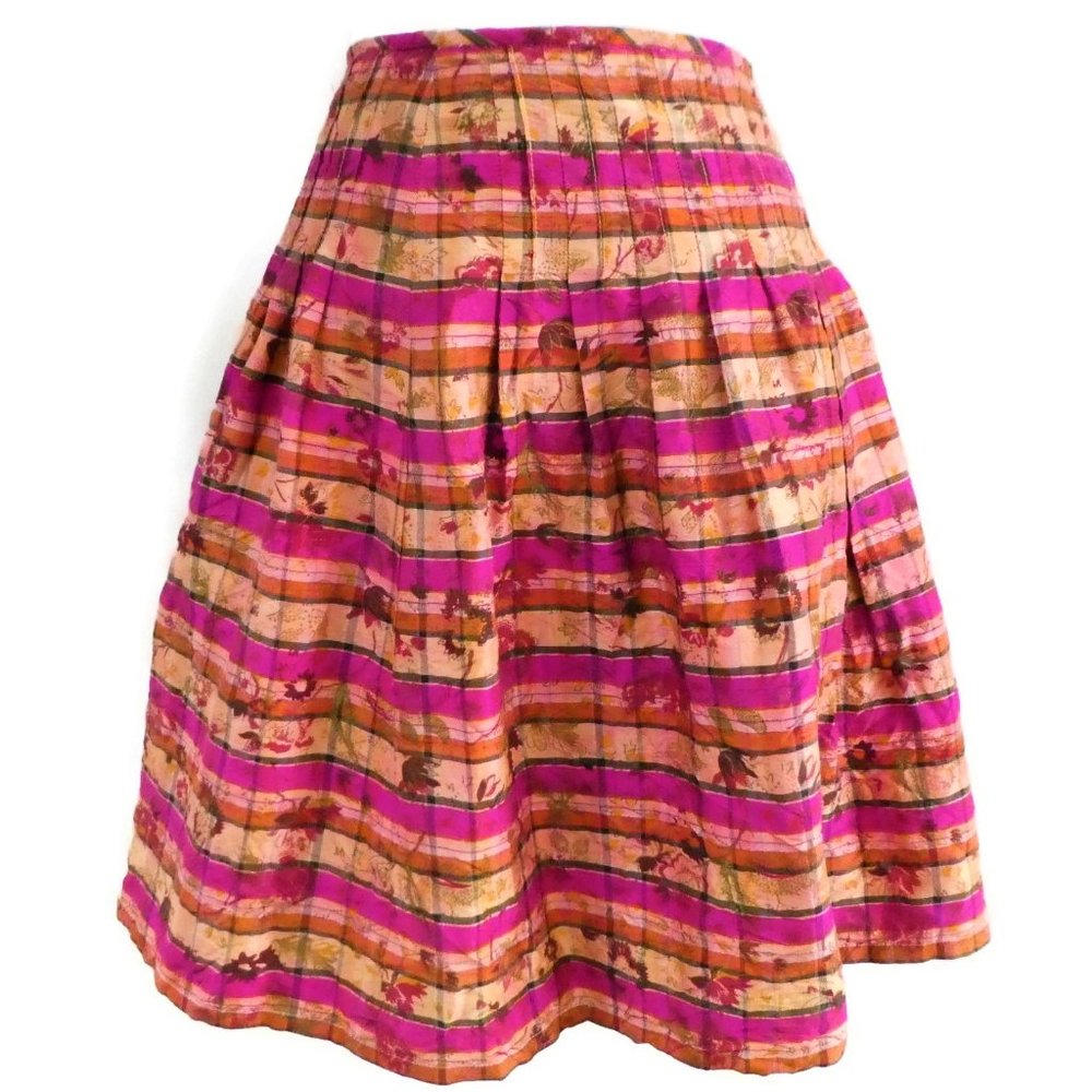 Buou Buou Paris Vintage Skirt Silk Lined Pleated Floral Stripe Side Zip A Line M